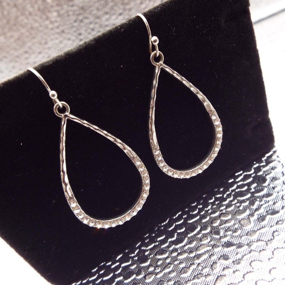 SILVERY LONG TEARDROP WITH CRYSTALS ON THE LOWER EDGE PIERCED EARRINGS 18